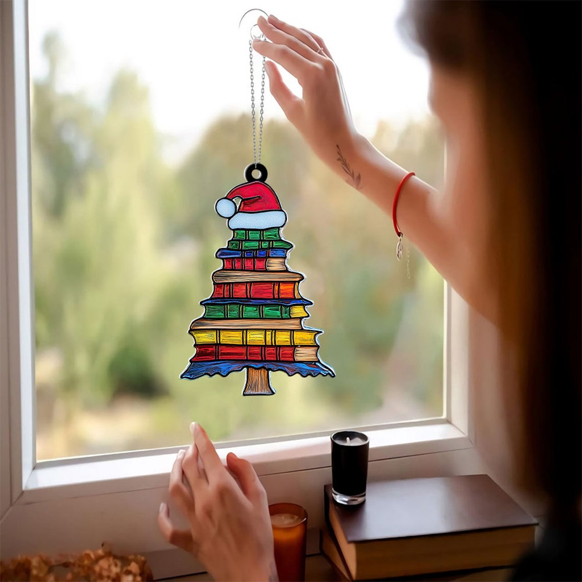 Hat of Santa on the Bookstack Christmas Suncatcher, Reading Room Window Ornament