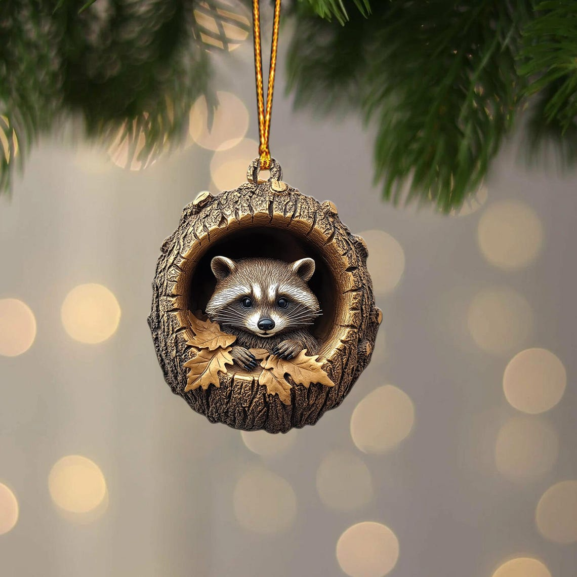 Raccoon and Leaf Autumn Christmas Ornament, Raccoon Rearview Mirror Car Ornament Decor Holiday