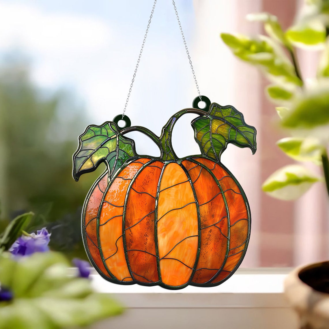 Pumpkin Stained Glass Suncatcher, Pumpkin Fall Suncatcher Ornament Gift