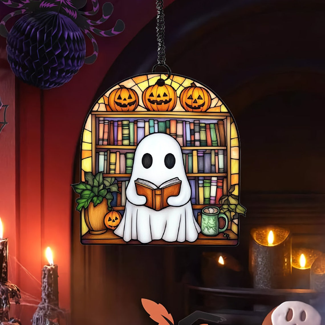 Cute Ghost and Books Suncatcher Decor, Ghost Hanging Window Ornament