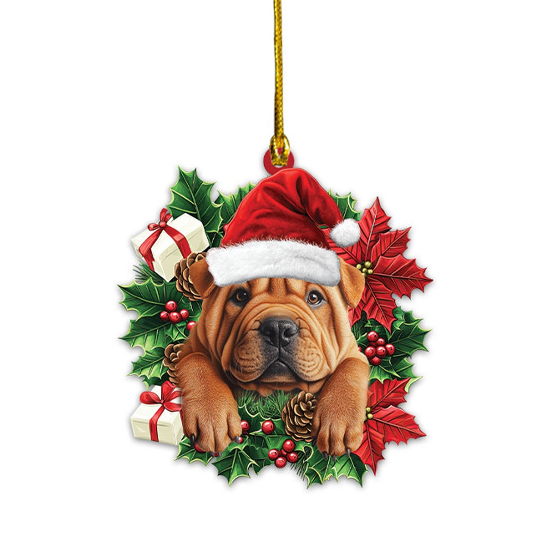 Shar Pei Dog Christmas Wreath Ornament Gift, Shar Pei Dog Hanging Christmas Ornament Decor