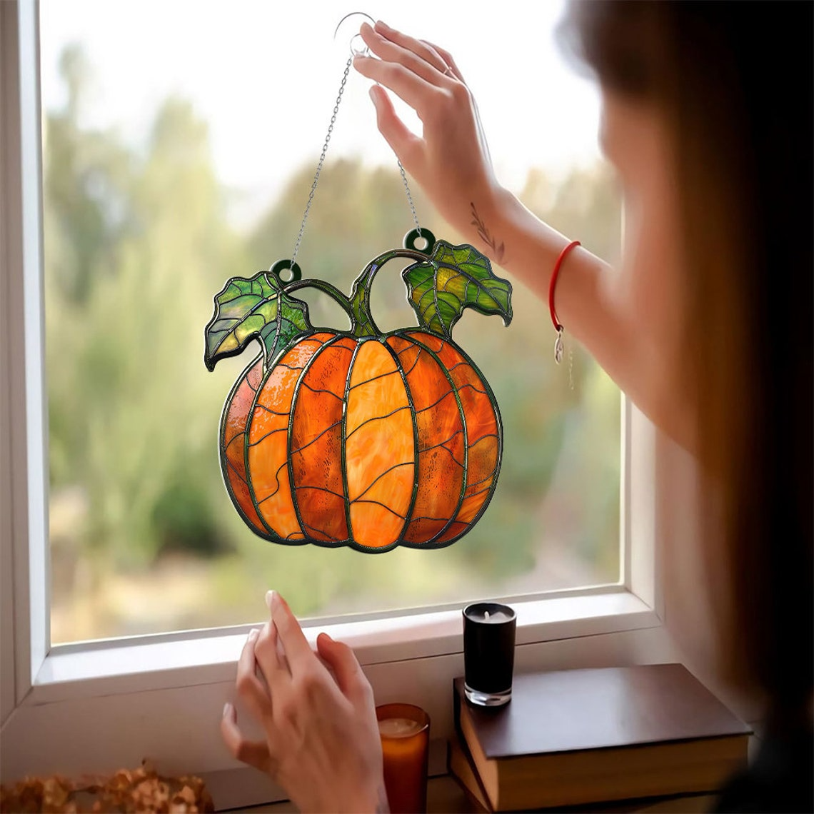 Pumpkin Stained Glass Suncatcher, Pumpkin Fall Suncatcher Ornament Gift