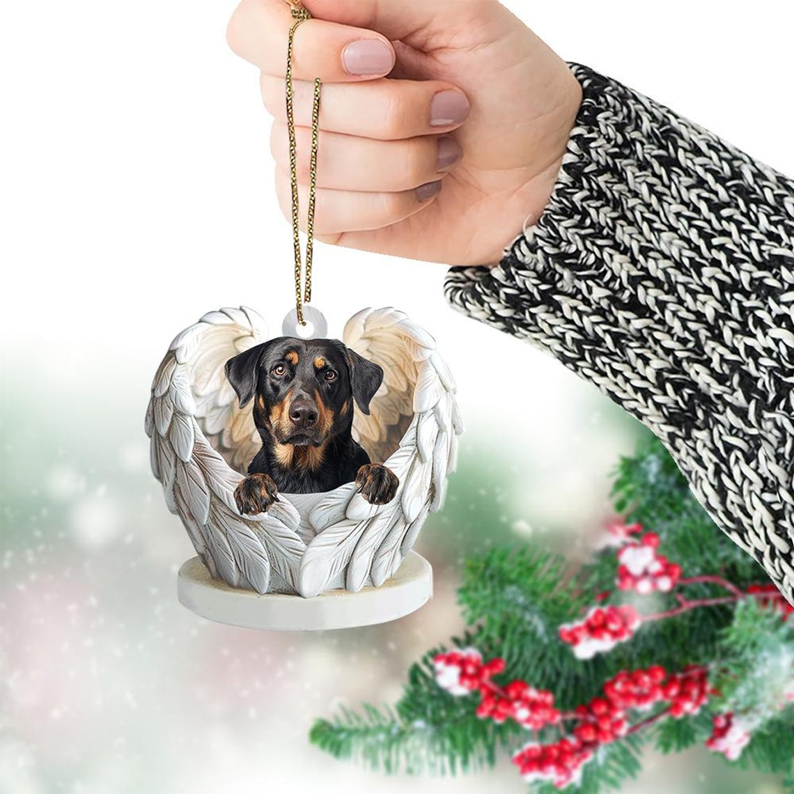 Cute Beauceron Dog Angel Wings Christmas Ornament, Beauceron Dog Flat Hanging Christmas Ornament