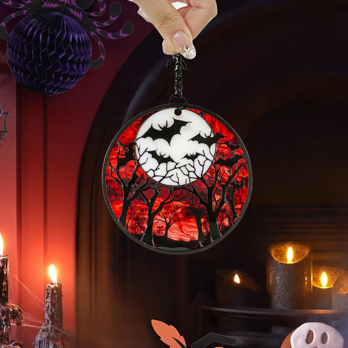 Halloween Bat Stained Glass Hanging Suncatcher, Fall Christmas Bat Decor Ornament