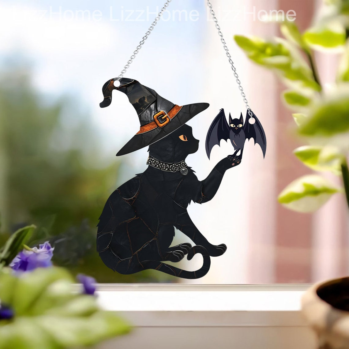 Black Cat Witchy and Bat Hanging Suncatcher, Halloween Window Ornament Decor