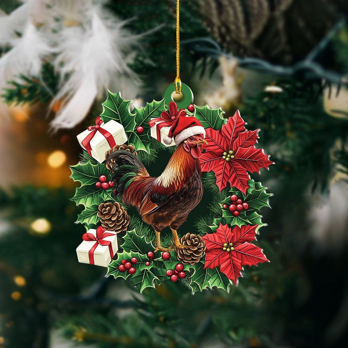 Cute Chicken Hanging Christmas Wreath Ornament, Chicken Rearview Mirror Car Ornament Decor Gift