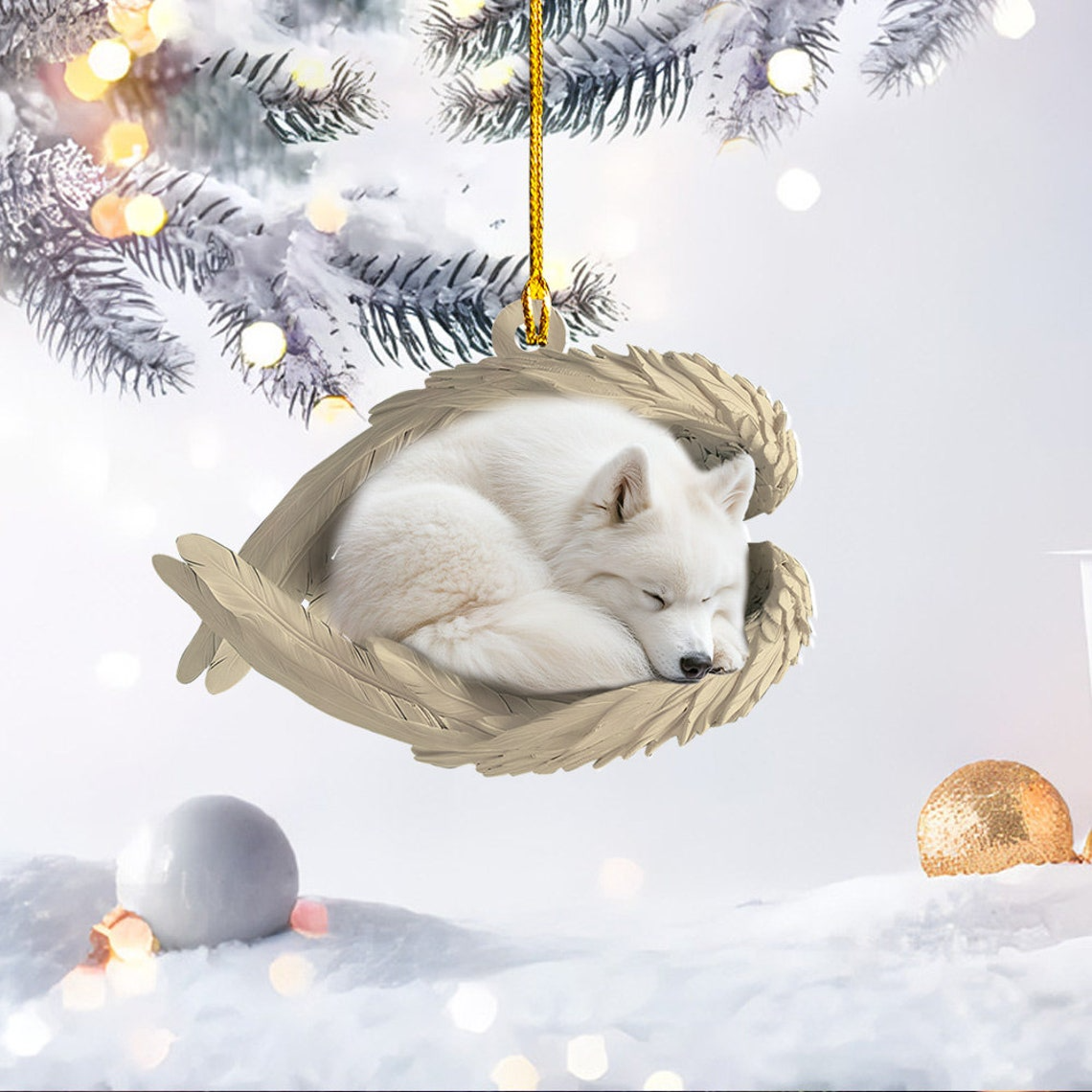 Samoyed Dog Sleeping Angel Wings Christmas Ornament, Cute Dog Christmas Ornament Decor Gift