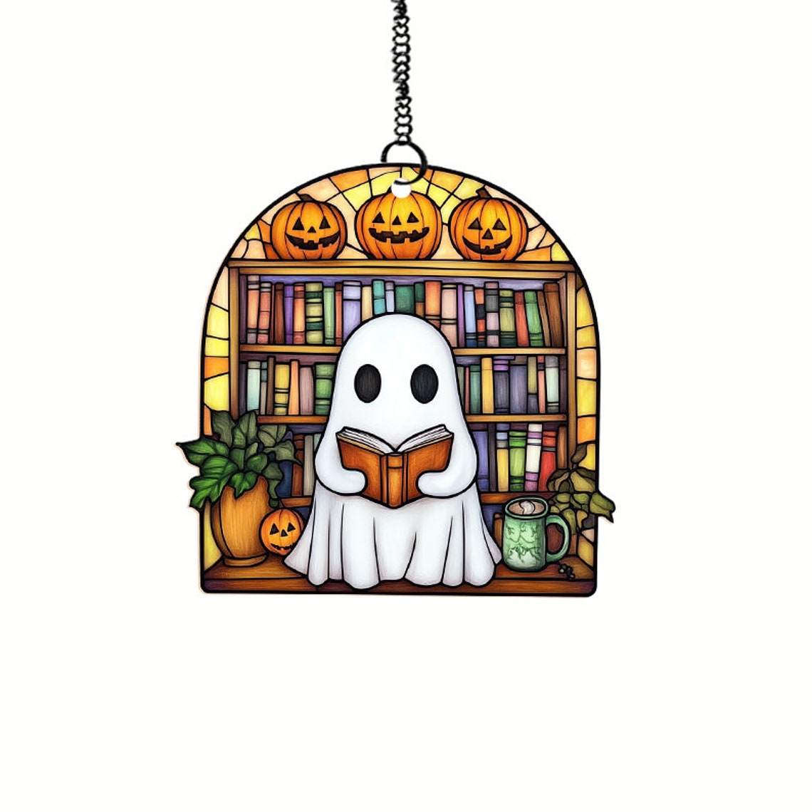 Cute Ghost and Books Suncatcher Decor, Ghost Hanging Window Ornament