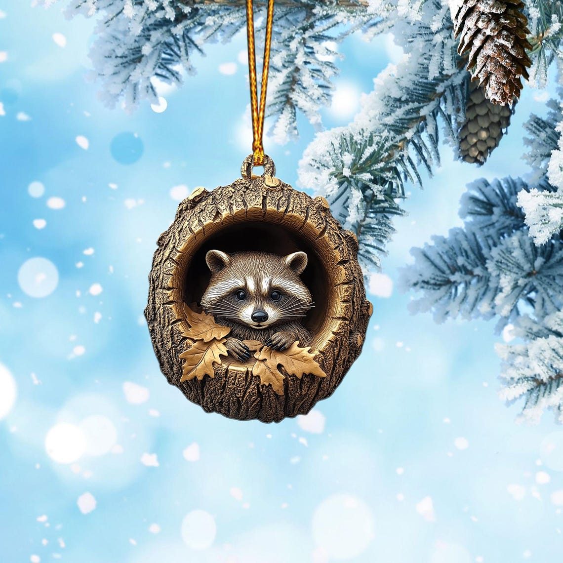 Raccoon and Leaf Autumn Christmas Ornament, Raccoon Rearview Mirror Car Ornament Decor Holiday