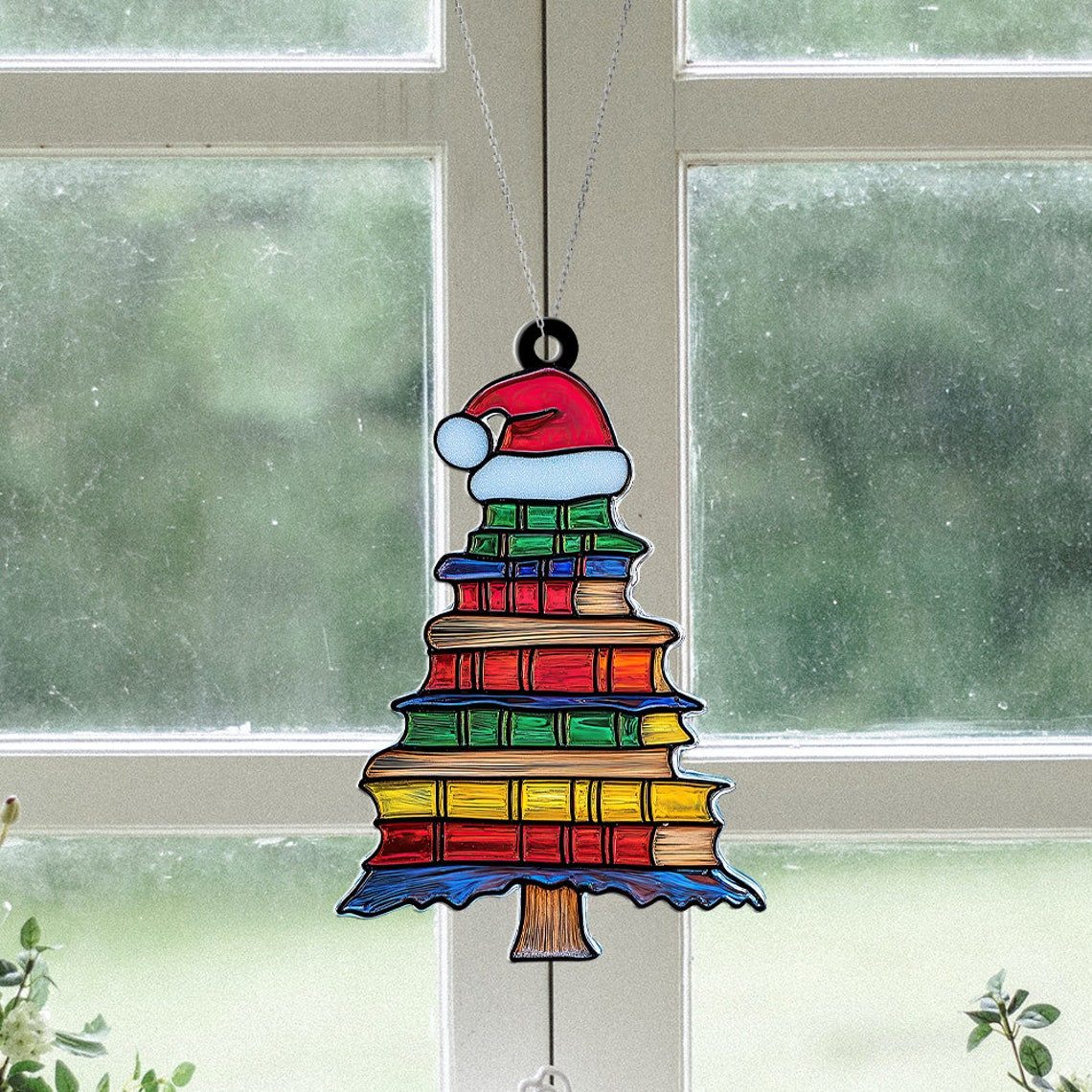 Hat of Santa on the Bookstack Christmas Suncatcher, Reading Room Window Ornament