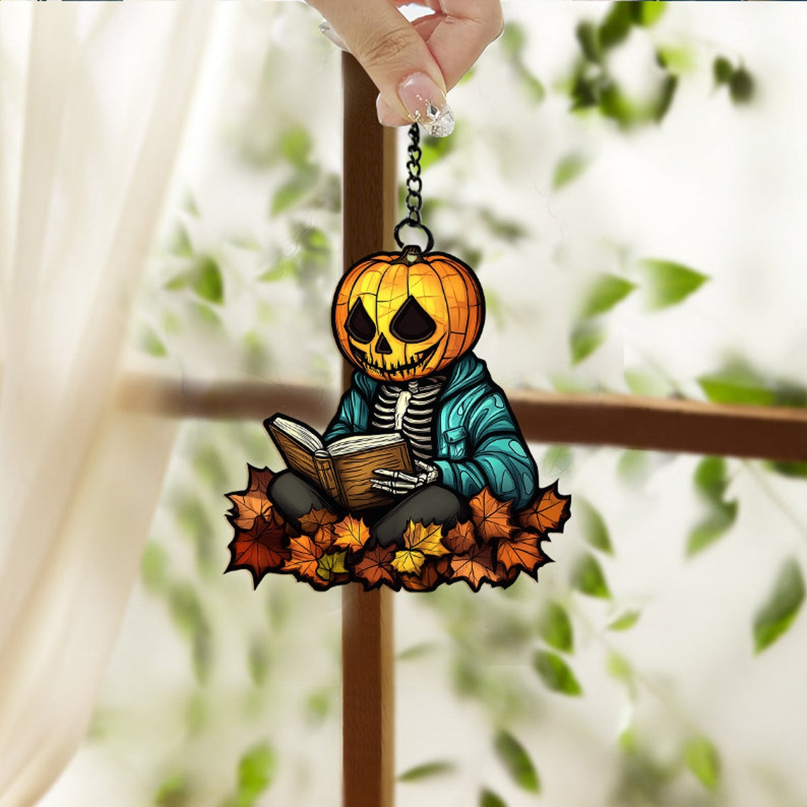 Skeleton Reading Books Suncatcher Ornament, Books Leaf Window Suncatcher