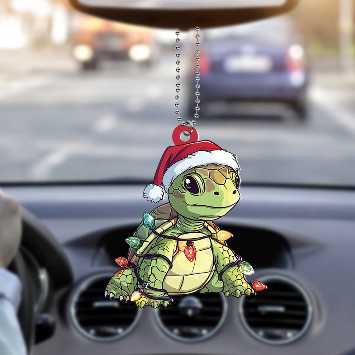 Cute Turtle Hanging Christmas Tree Ornament, Turtle Wearing Hat Santa Flat Car Ornament Decor