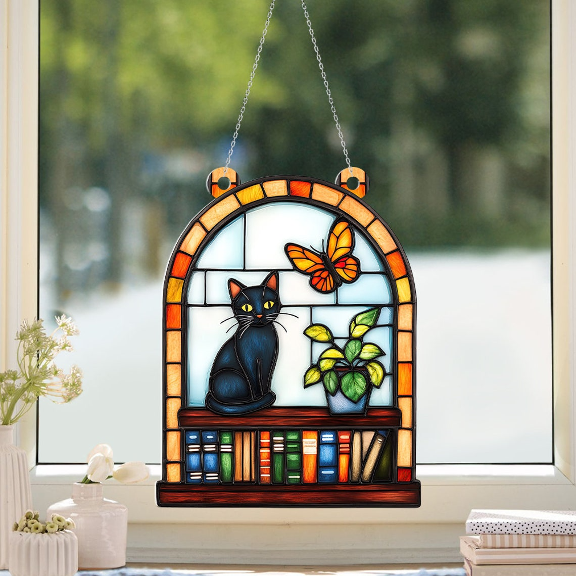 Cat Books Suncatcher, Black Cat on Bookstack Suncatcher Ornament