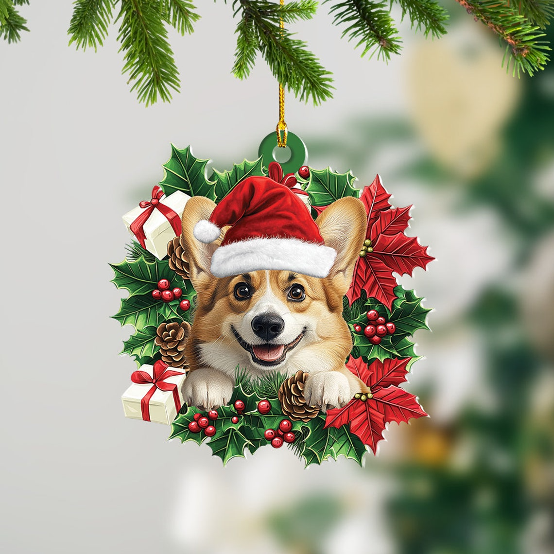 Corgi Dog Hanging Christmas Wreath Ornament, Corgi Dog Car Christmas Ornament Decor