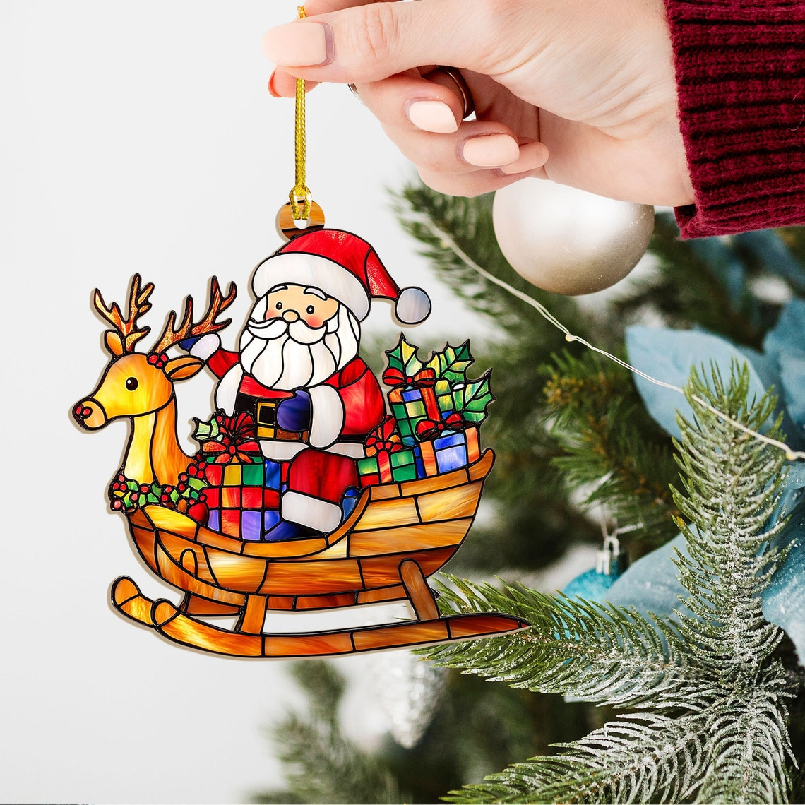 Santa Sleigh Christmas Suncatcher Ornament, Santa Christmas Home Deocr