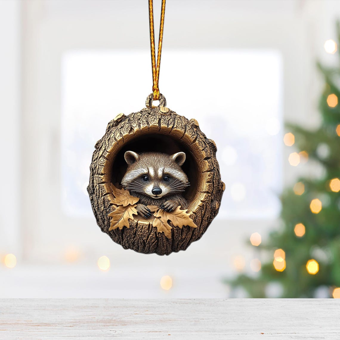 Raccoon and Leaf Autumn Christmas Ornament, Raccoon Rearview Mirror Car Ornament Decor Holiday