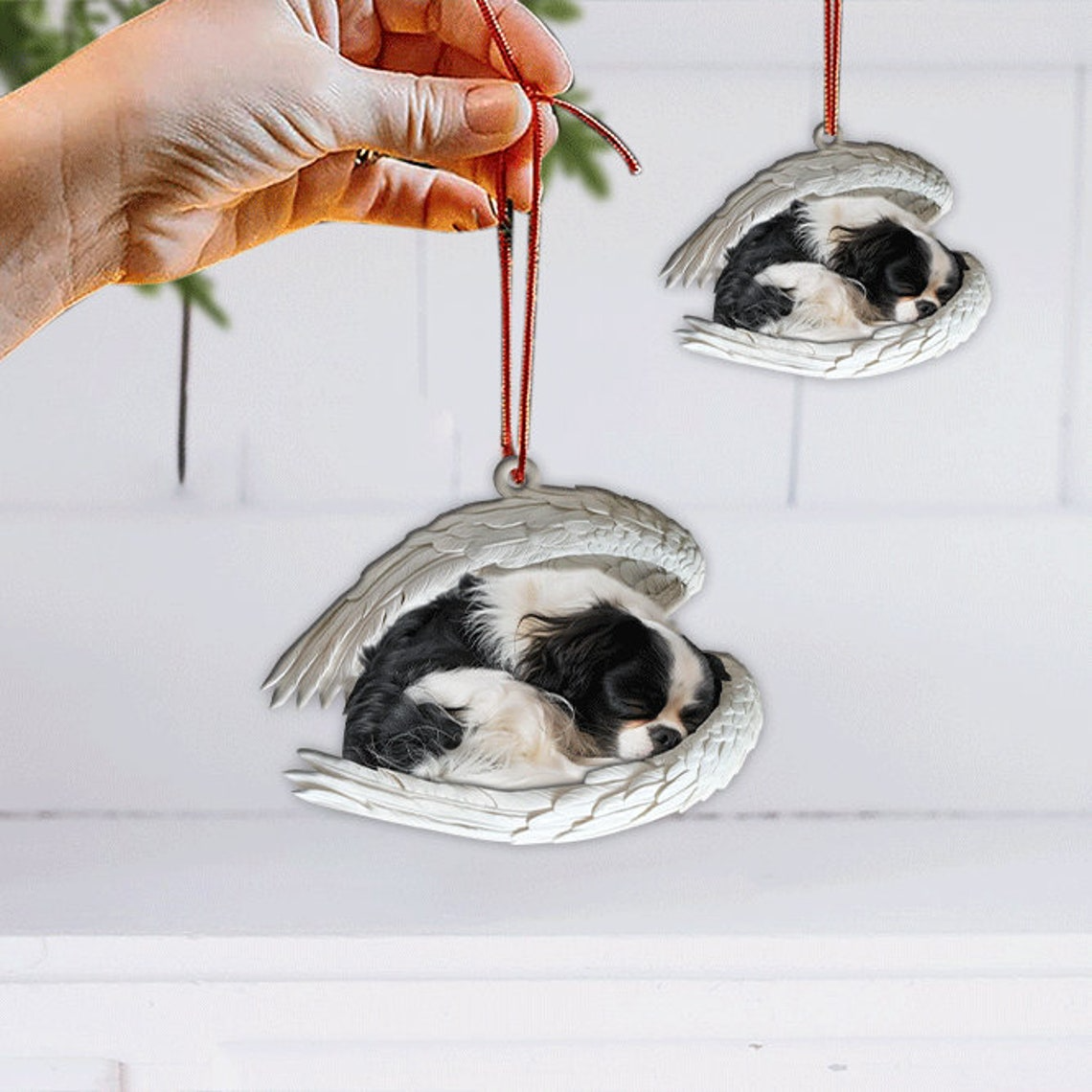 Japanese Chin Dog Angel Wings Car Ornament, Dog Sleeping Angel Christmas Ornament Decor Gift