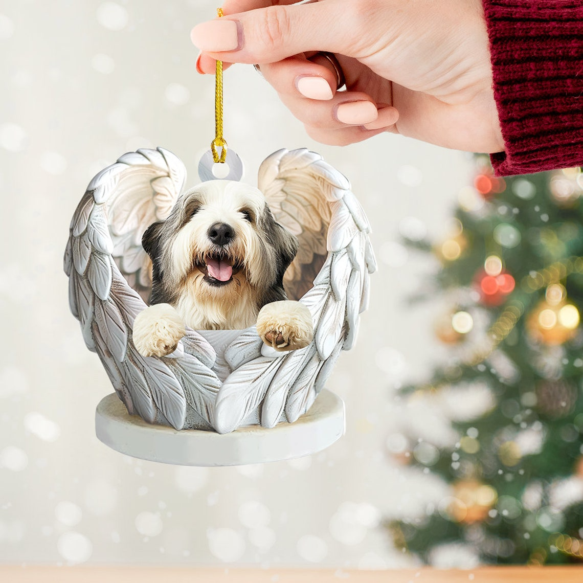 Old English Sheepdog Angel Wings Christmas Ornament, Old English Sheepdog Christmas Ornamen