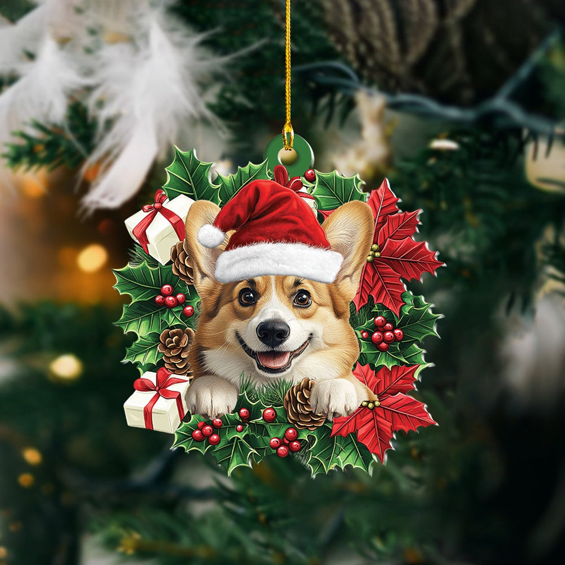 Corgi Dog Hanging Christmas Wreath Ornament, Corgi Dog Car Christmas Ornament Decor