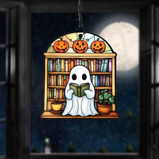 Ghost Reading Book And Pumpkin Suncatcher, Ghost And Books Ornament Decor