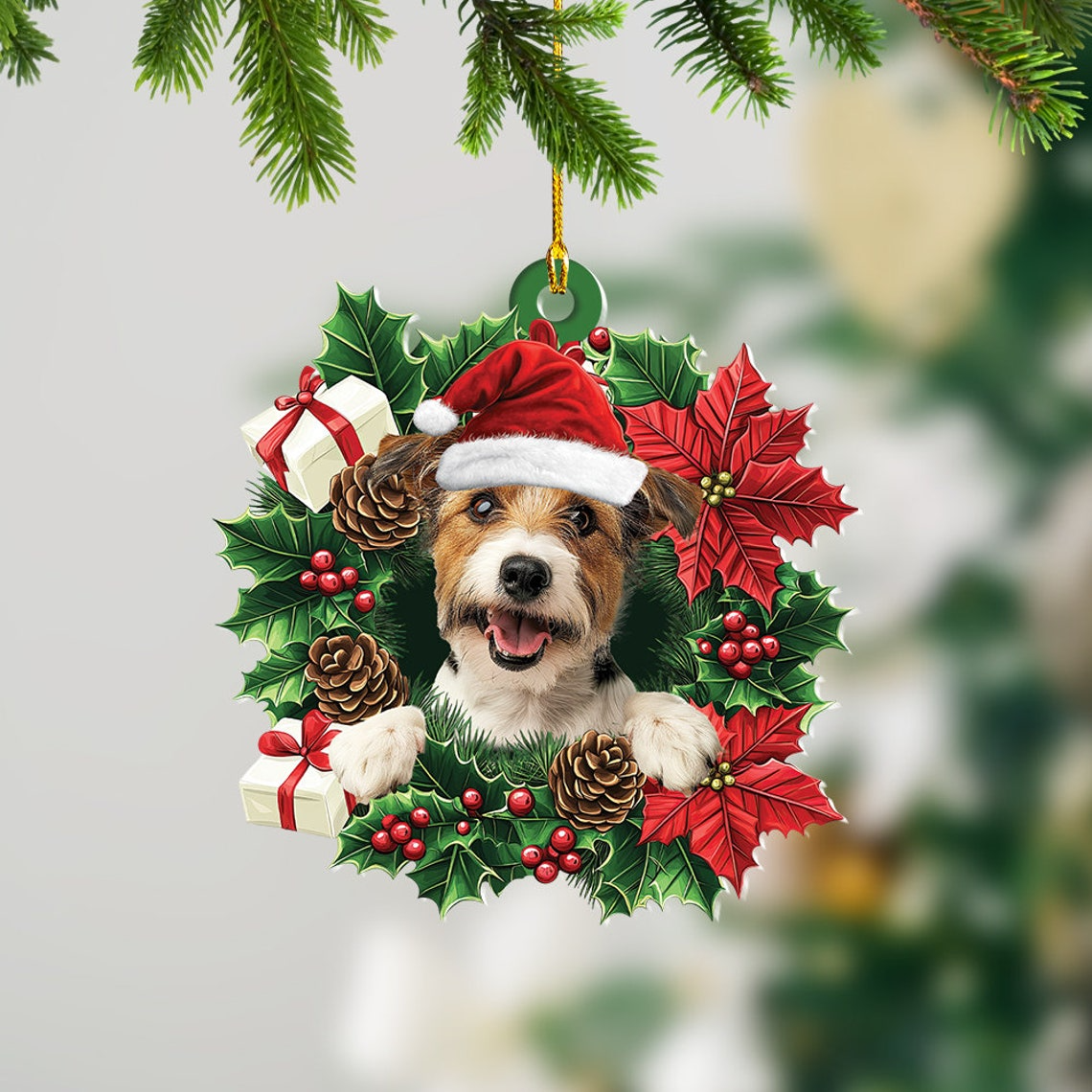 Parson Russell Dog Christmas Wreath Ornament, Cute Parson Russell Dog Car Ornament Gift