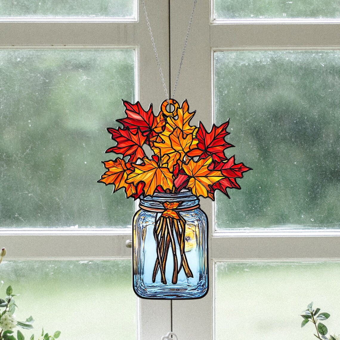 Maple Autumn Leaf Jar Suncatcher, Maple Fall Leaf Jar Hanging Ornament Decor