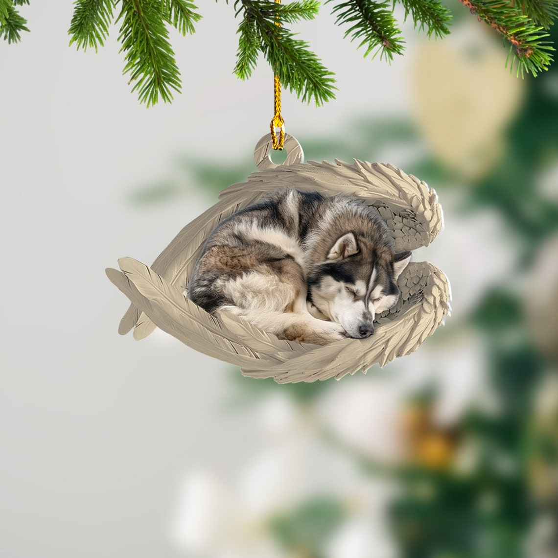 Alaskan Malamute Dog Sleeping Angel Wings Ornament, Malamute Dog Christmas Ornament Decor Gift