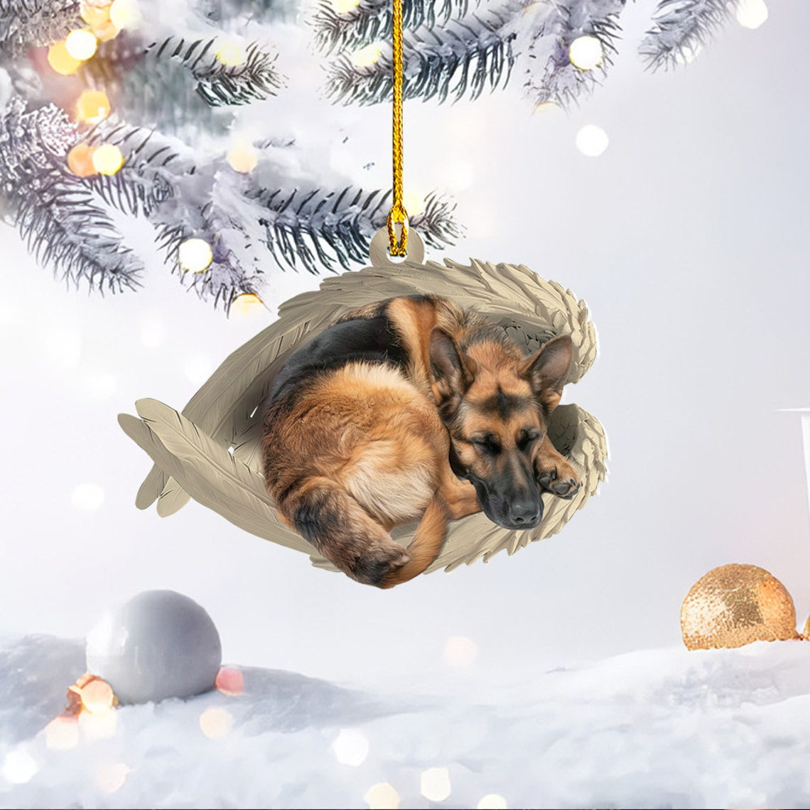 German Shepherd Dog Angel Wings Ornament, Shepherd Dog Sleeping Christmas Ornament Gift