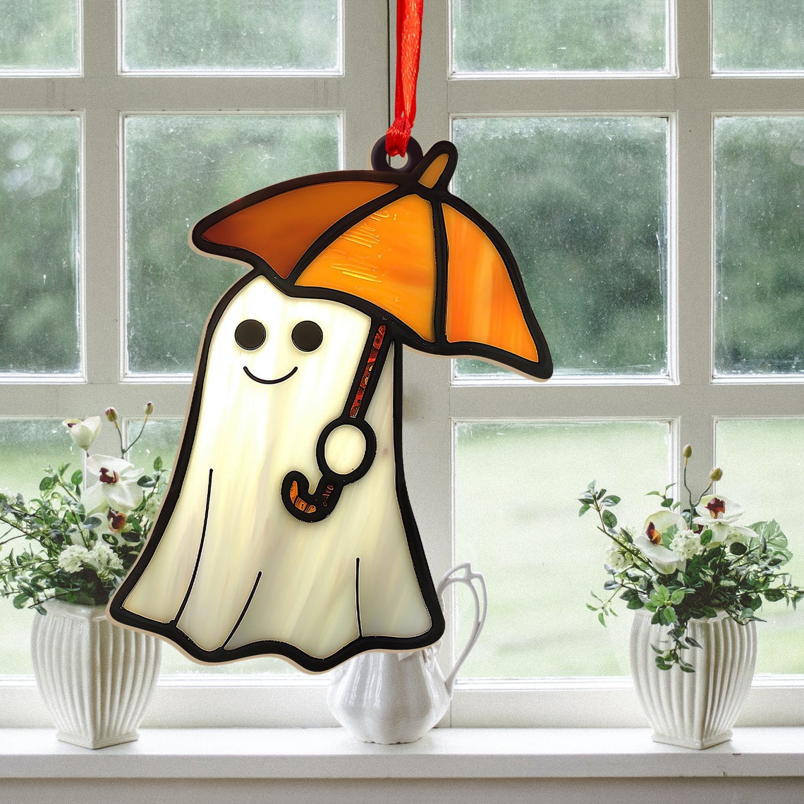 Funny Ghost Umbrella Halloween Suncatcher Ornament, Vintage Ghost Halloween Decor