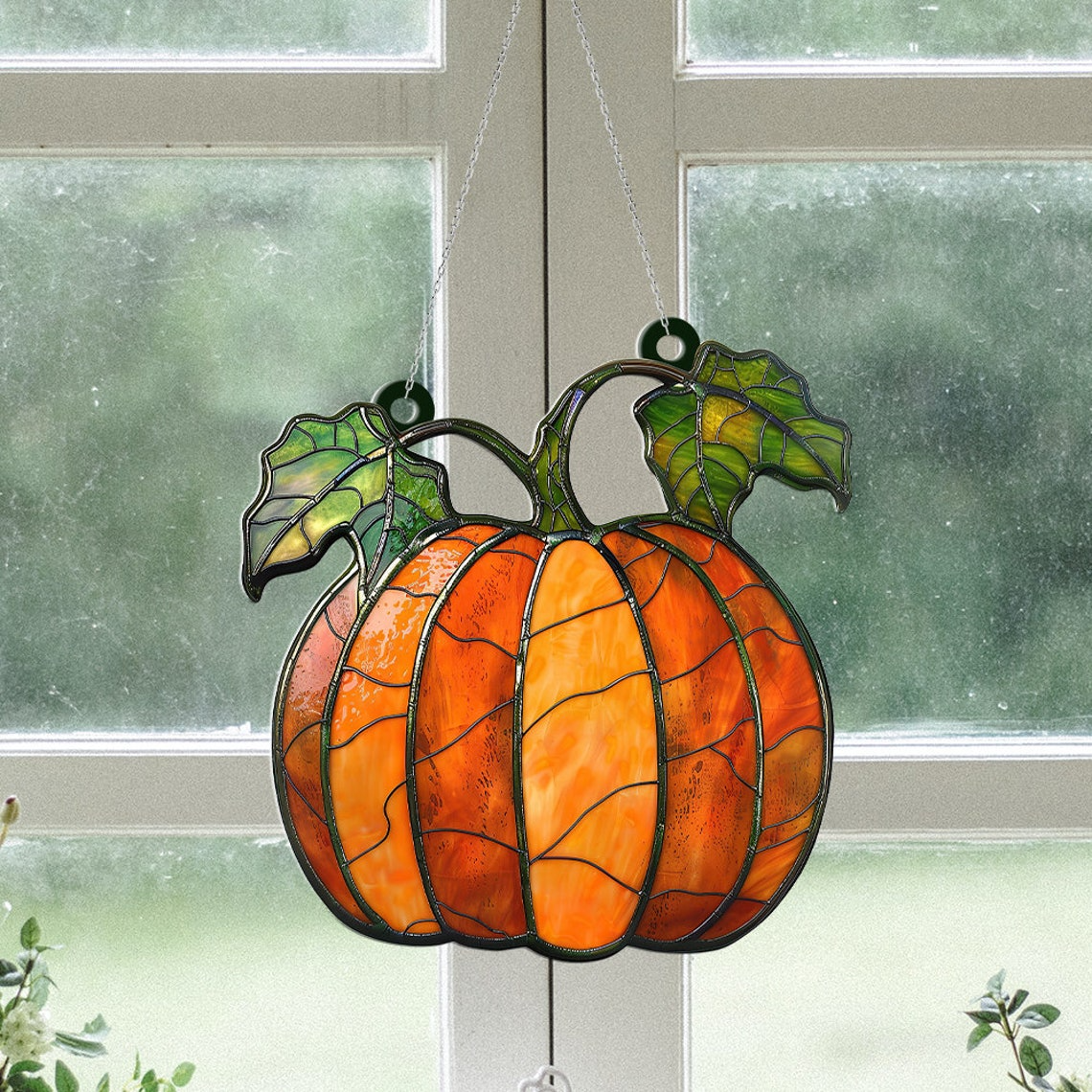 Pumpkin Stained Glass Suncatcher, Pumpkin Fall Suncatcher Ornament Gift