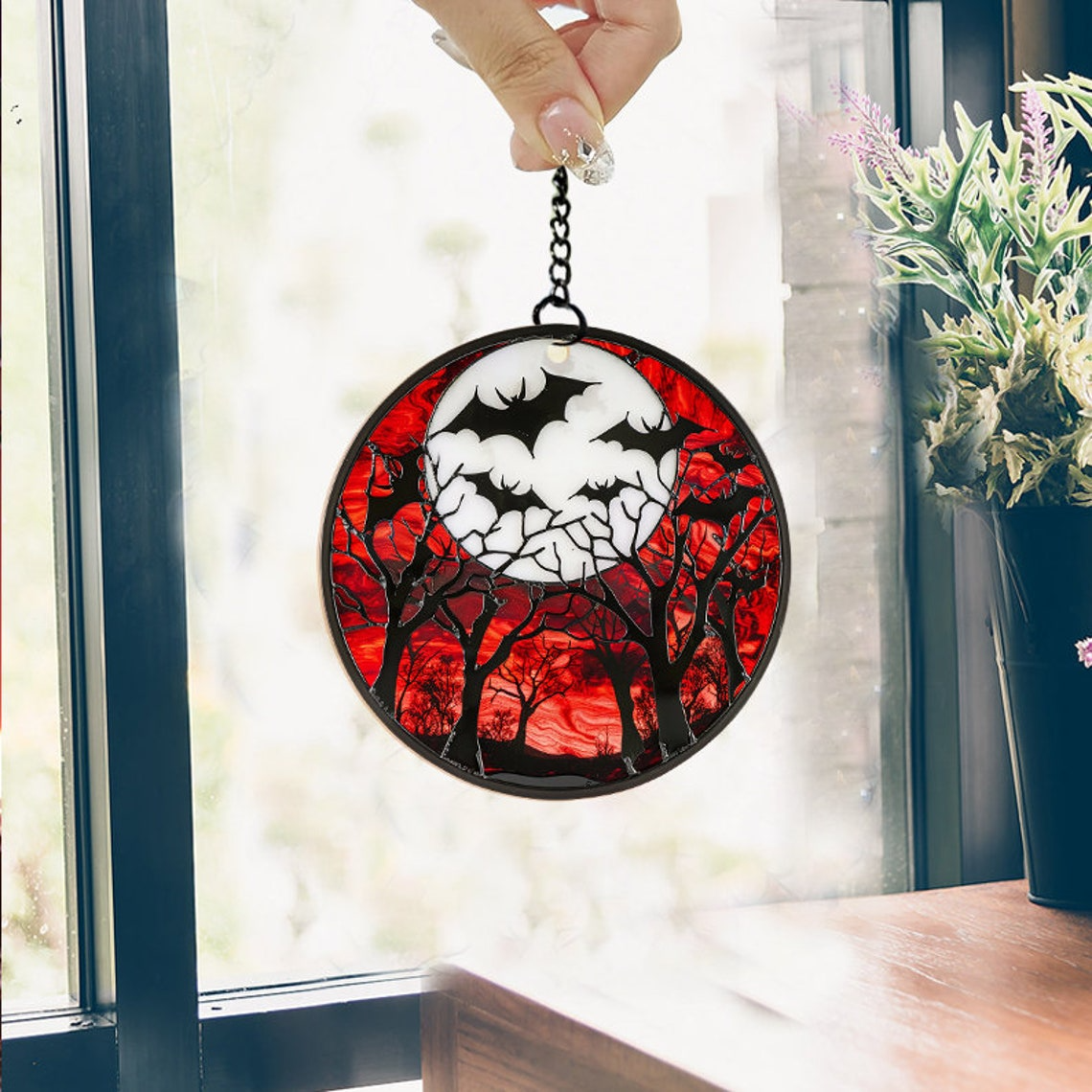 Halloween Bat Stained Glass Hanging Suncatcher, Fall Christmas Bat Decor Ornament