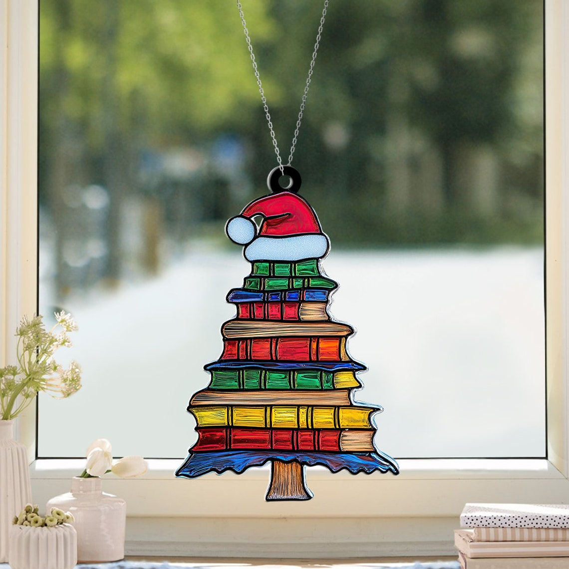 Hat of Santa on the Bookstack Christmas Suncatcher, Reading Room Window Ornament