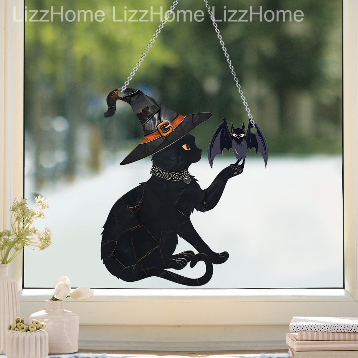 Black Cat Witchy and Bat Hanging Suncatcher, Halloween Window Ornament Decor