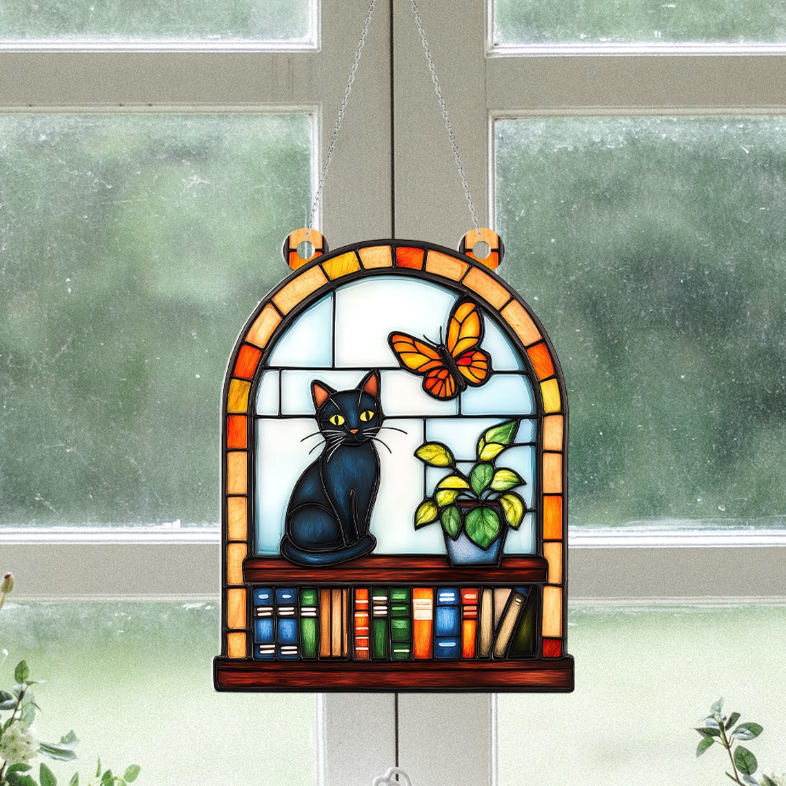 Cat Books Suncatcher, Black Cat on Bookstack Suncatcher Ornament