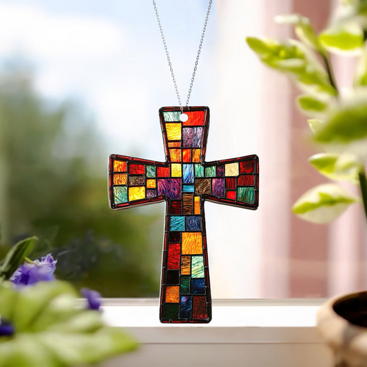 Jesus Cross Window Suncatcher, Christian Hanging Ornament Decor