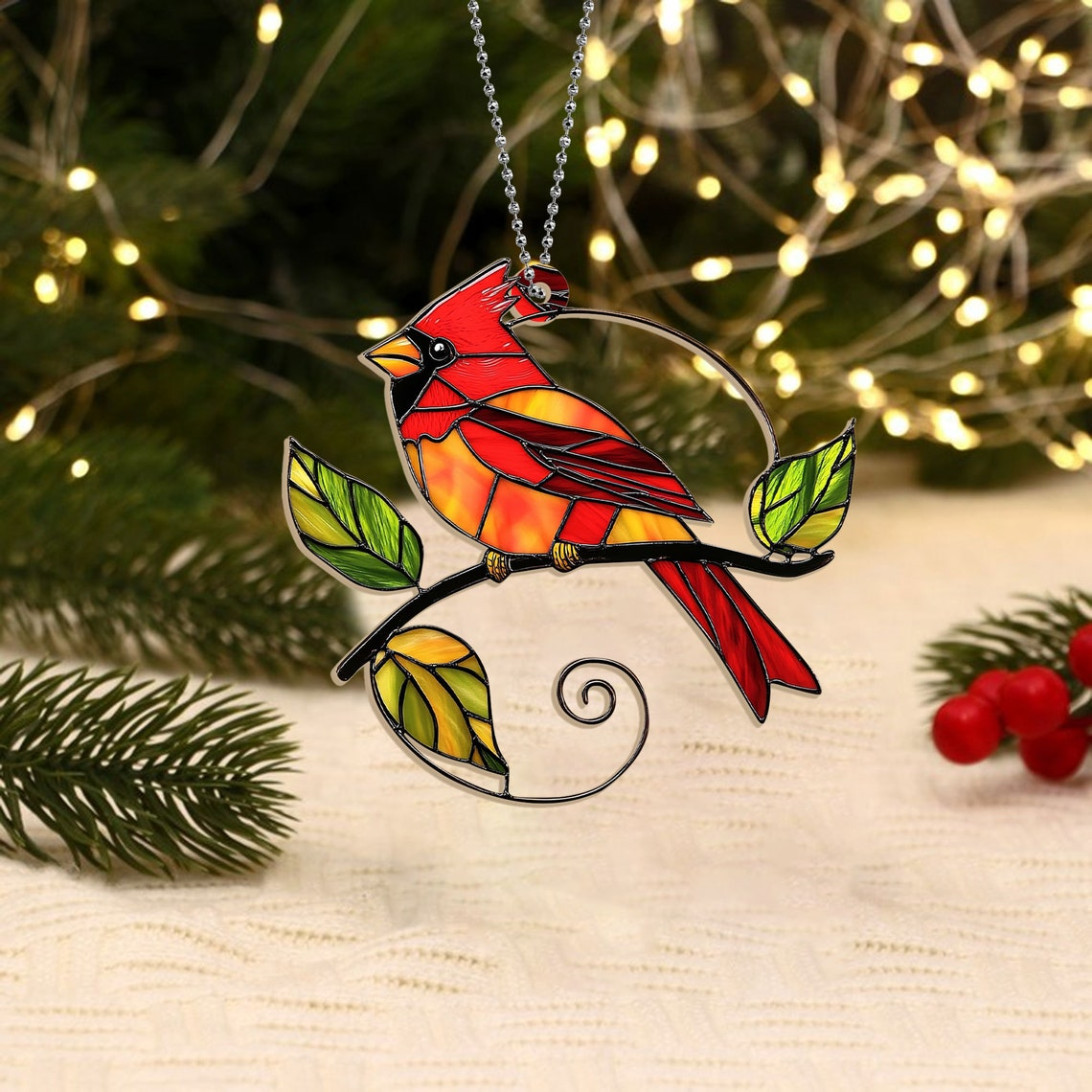 Cardinal Bird Hanging Suncatcher Ornament, Cardinal Christmas Window Ornament Decor