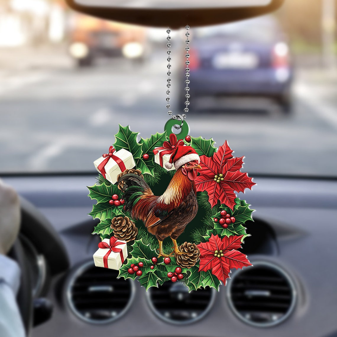 Cute Chicken Hanging Christmas Wreath Ornament, Chicken Rearview Mirror Car Ornament Decor Gift