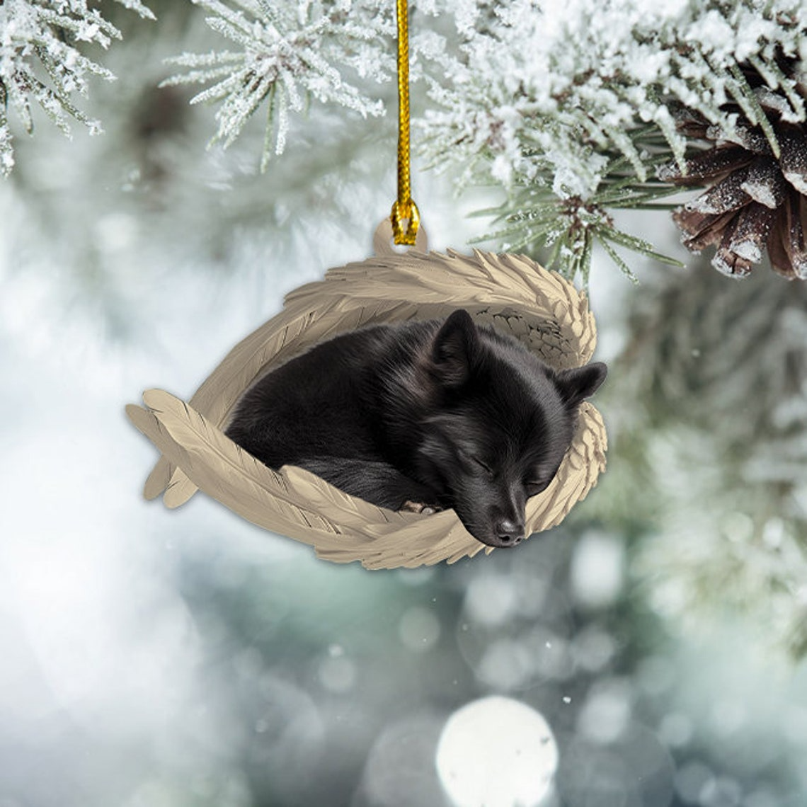 Schipperke Dog Sleeping Angel Wings Ornament, Schipperke Dog Car Christmas Ornament Gift