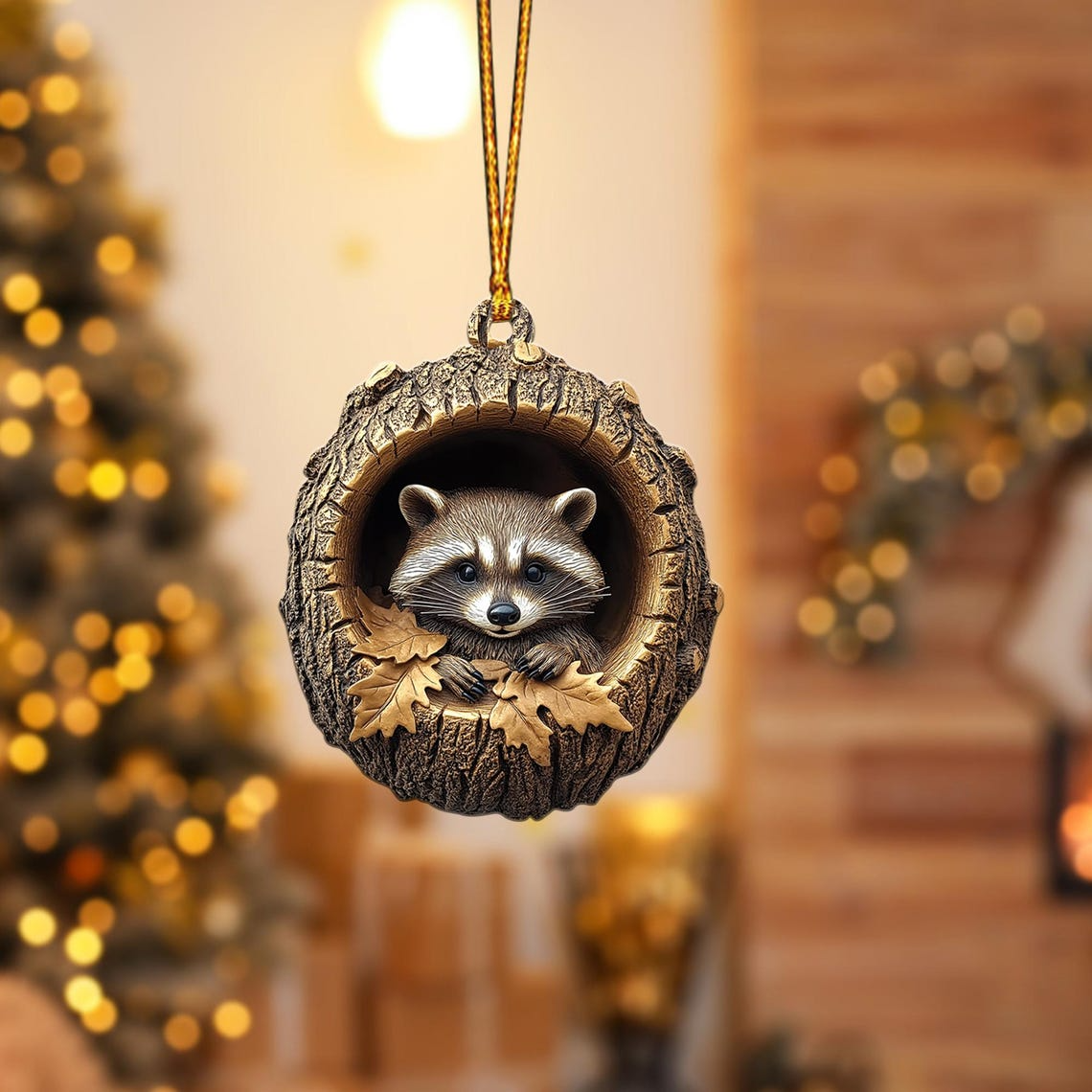 Raccoon and Leaf Autumn Christmas Ornament, Raccoon Rearview Mirror Car Ornament Decor Holiday