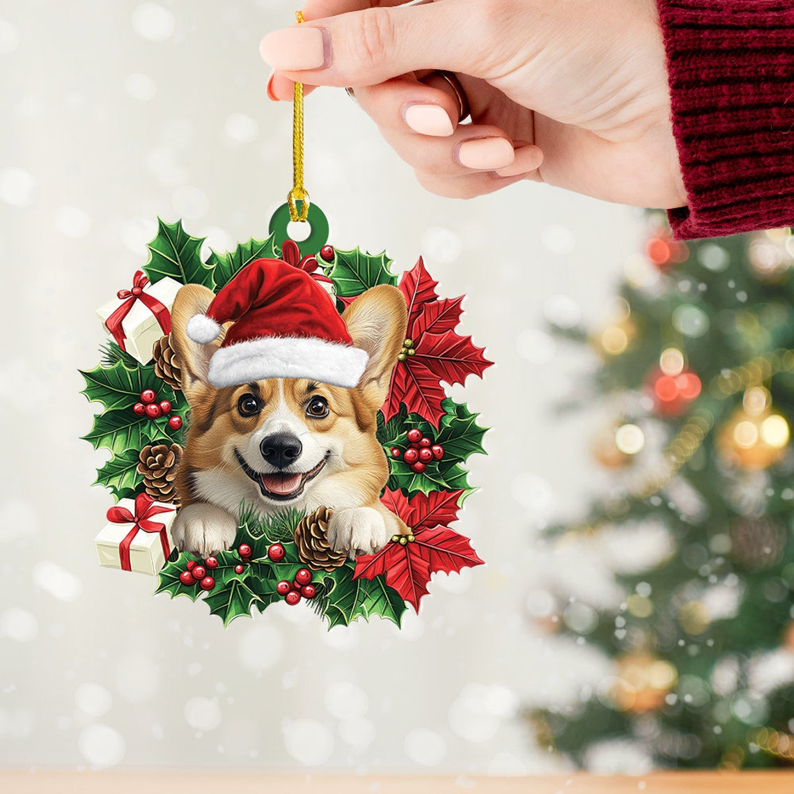 Corgi Dog Hanging Christmas Wreath Ornament, Corgi Dog Car Christmas Ornament Decor