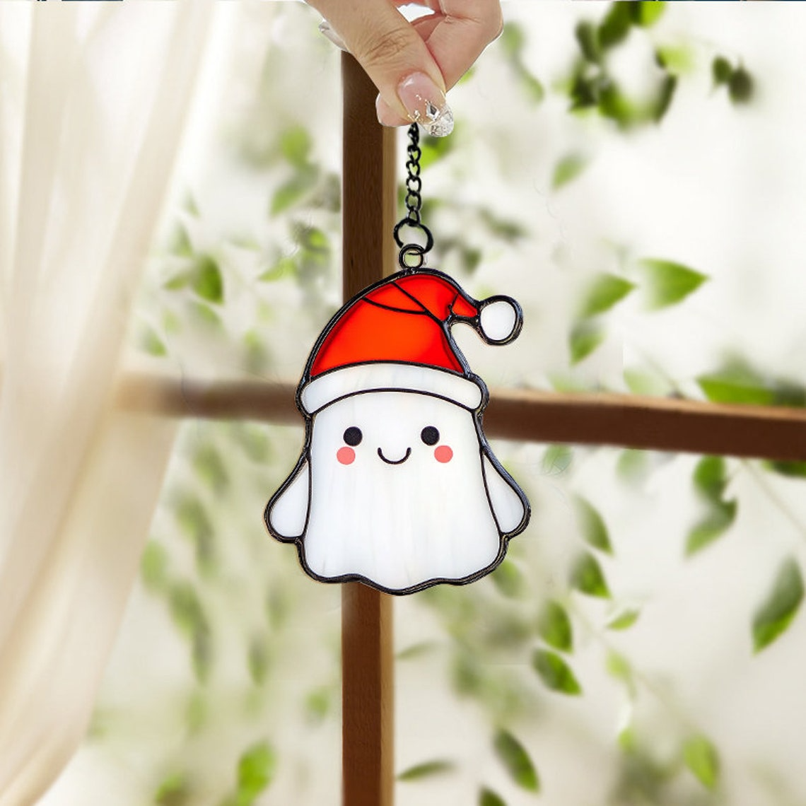 Cute Ghost Christmas Suncatcher, Cute Ghost with Hat Santa Window Hanging Decor