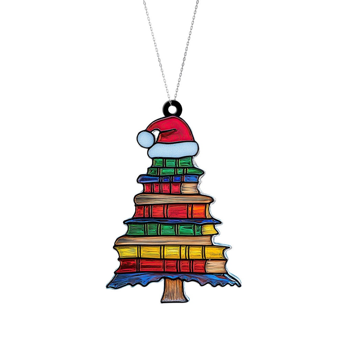 Hat of Santa on the Bookstack Christmas Suncatcher, Reading Room Window Ornament