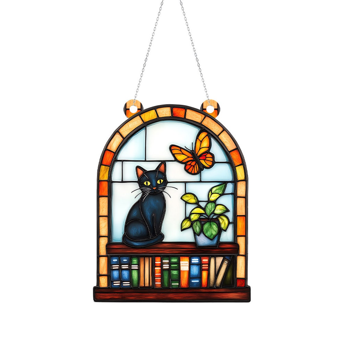 Cat Books Suncatcher, Black Cat on Bookstack Suncatcher Ornament