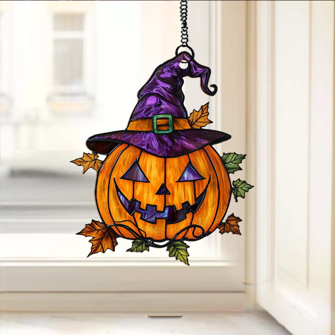 Pumpkin Wearing Witch's Hat Halloween Suncatcher, Pumpkin Window Hanging Decor