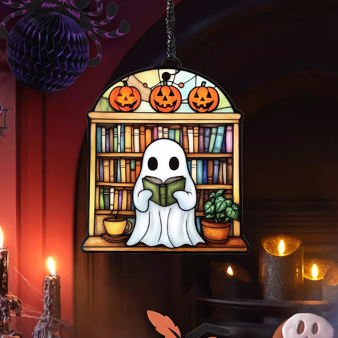 Ghost Reading Book And Pumpkin Suncatcher, Ghost And Books Ornament Decor