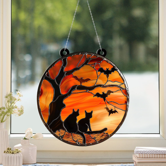 Cat Below Fall Tree Halloween Night Hanging Suncatcher, Cat Hanging Ornament Decor