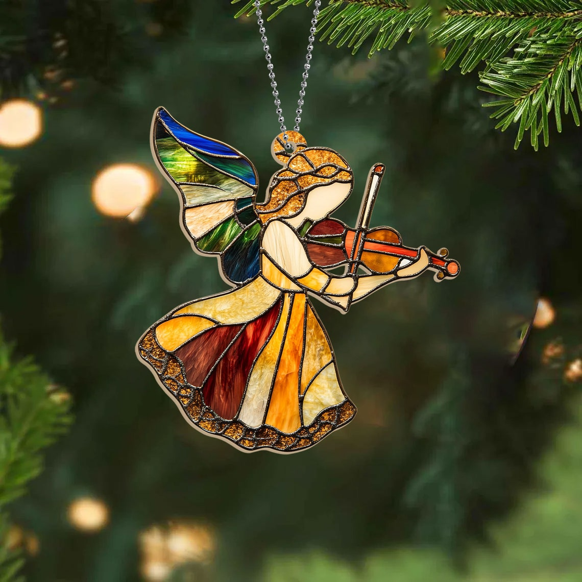 Pretty Angel with Violin Christmas Suncatcher, Angel with Violin Hanging Ornament Home Decor