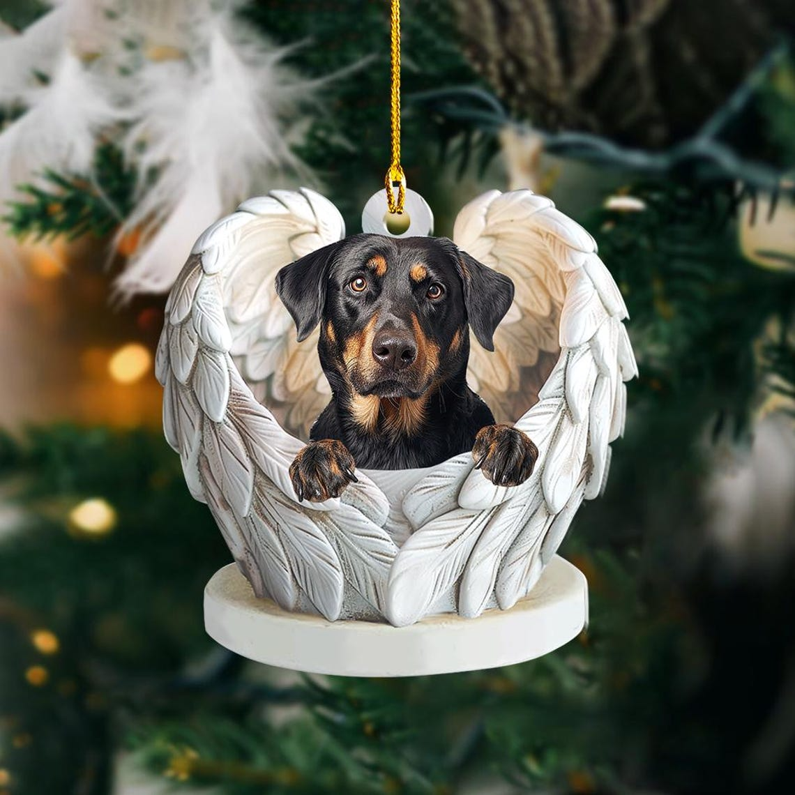 Cute Beauceron Dog Angel Wings Christmas Ornament, Beauceron Dog Flat Hanging Christmas Ornament