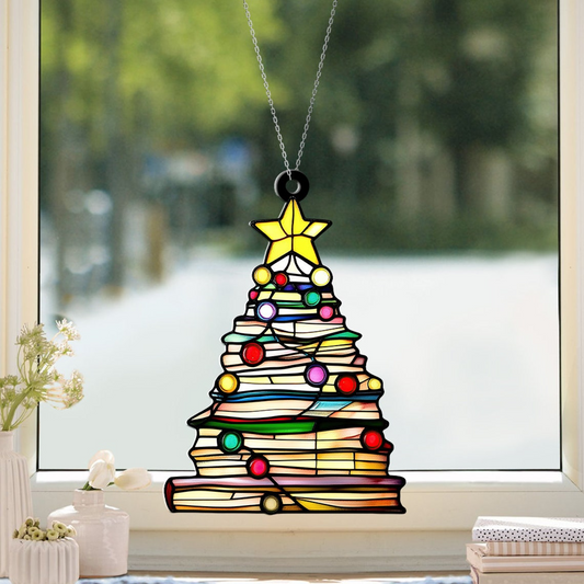 Books Tree Christmas Hanging Suncatcher,  Library Bookstore Ornament Decor Gift