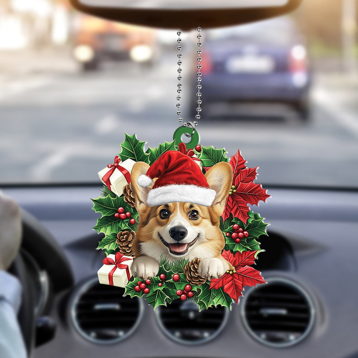 Corgi Dog Hanging Christmas Wreath Ornament, Corgi Dog Car Christmas Ornament Decor